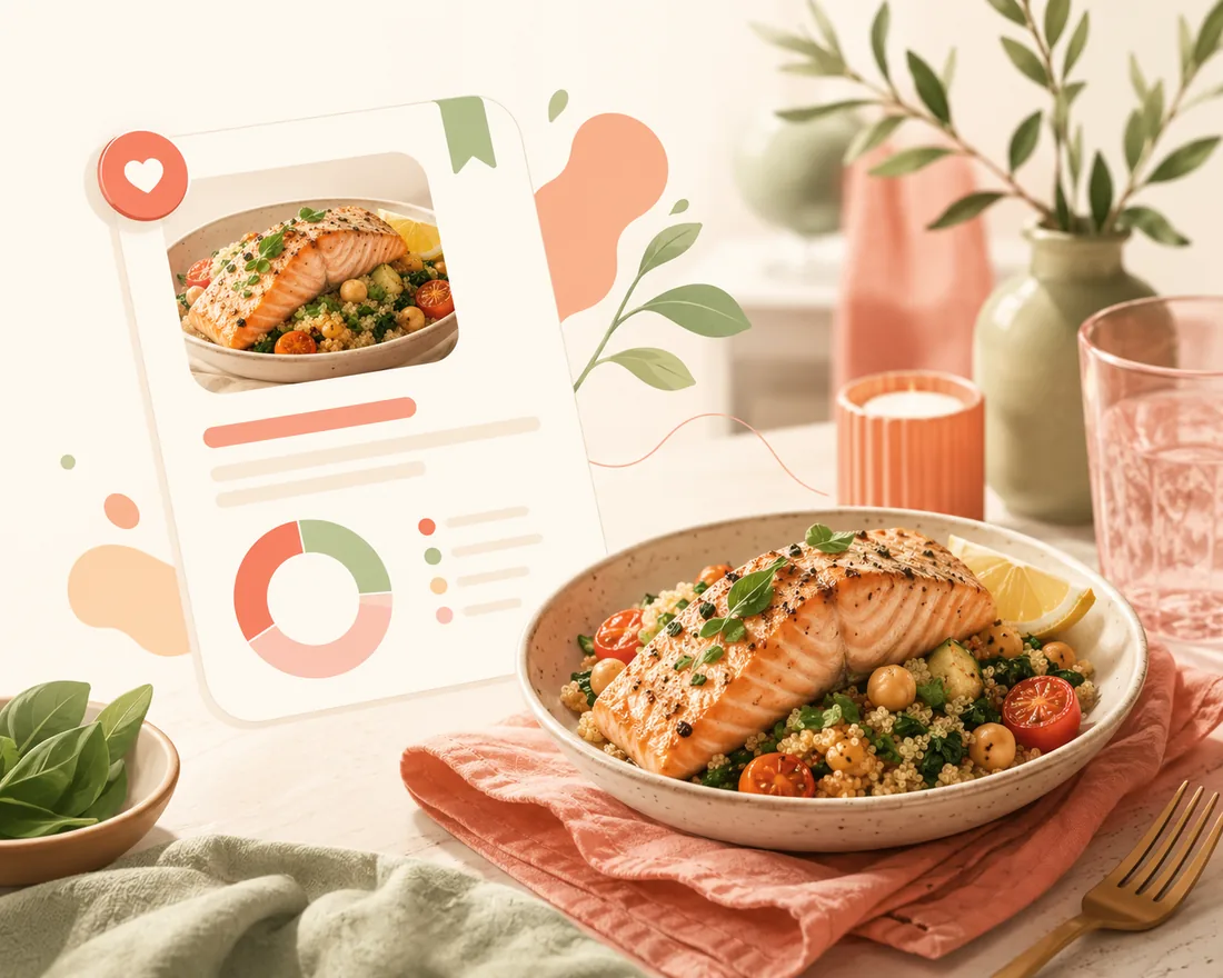 A saved recipe card showing a photo and a macro breakdown, standing beside the finished salmon dish
