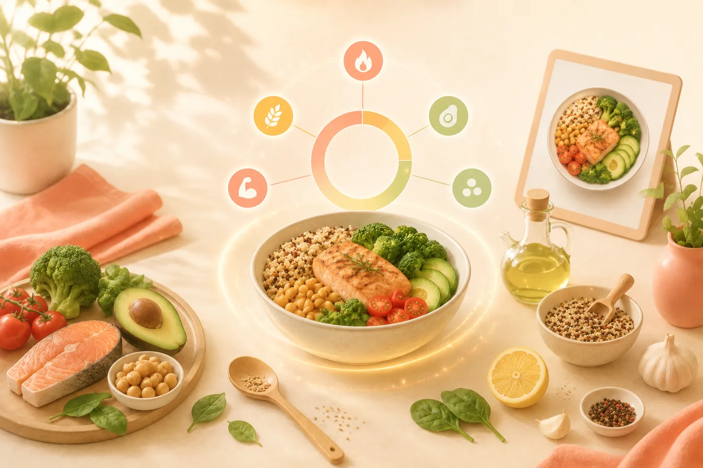 A finished bowl surrounded by its raw ingredients, with a macro ring and a saved recipe card floating above