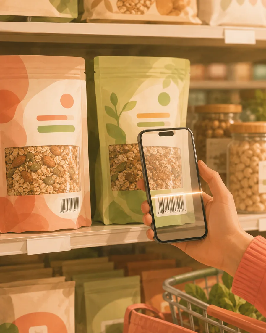 A hand holding a phone up to the barcode on a packet of granola, a similar packet on the shelf beside it