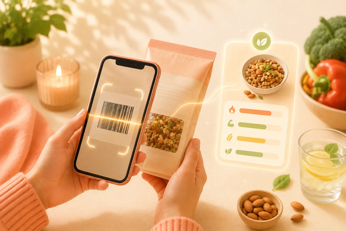 A phone scanning the barcode on a packet, with the product's nutrition appearing beside it
