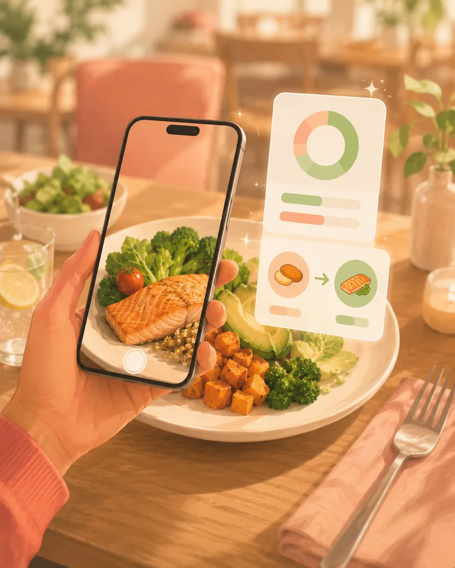 A hand photographing a restaurant plate, with a health score and a healthier swap appearing beside it