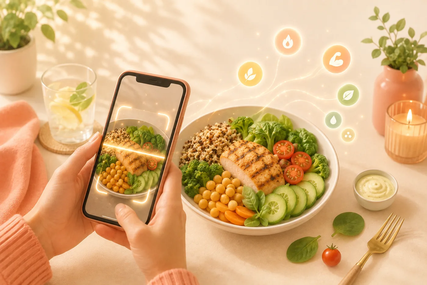 A phone photographing a balanced bowl, with nutrition badges rising out of the plate