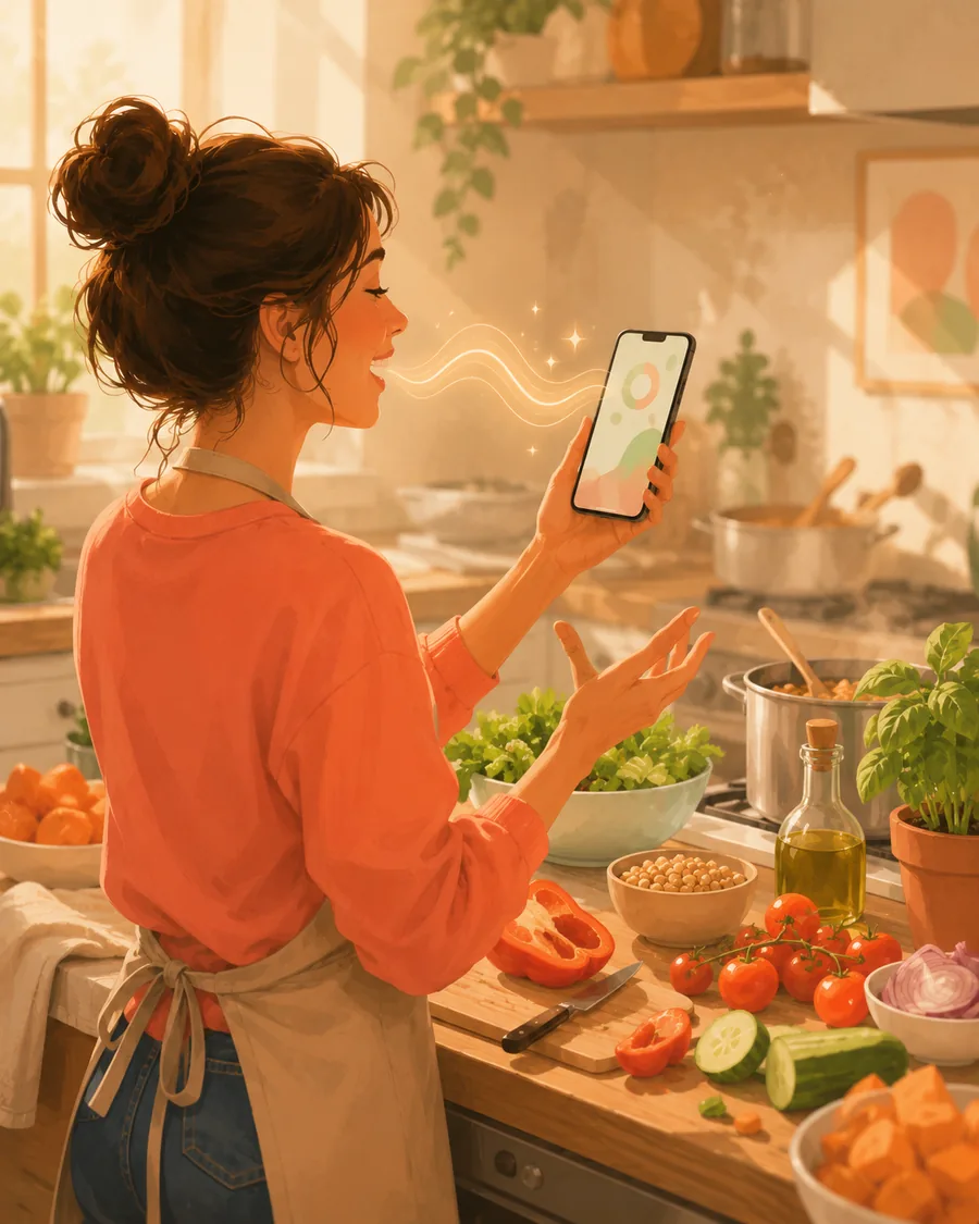 A woman mid-cook in a sunlit kitchen, talking to the phone in her hand while vegetables wait on the board