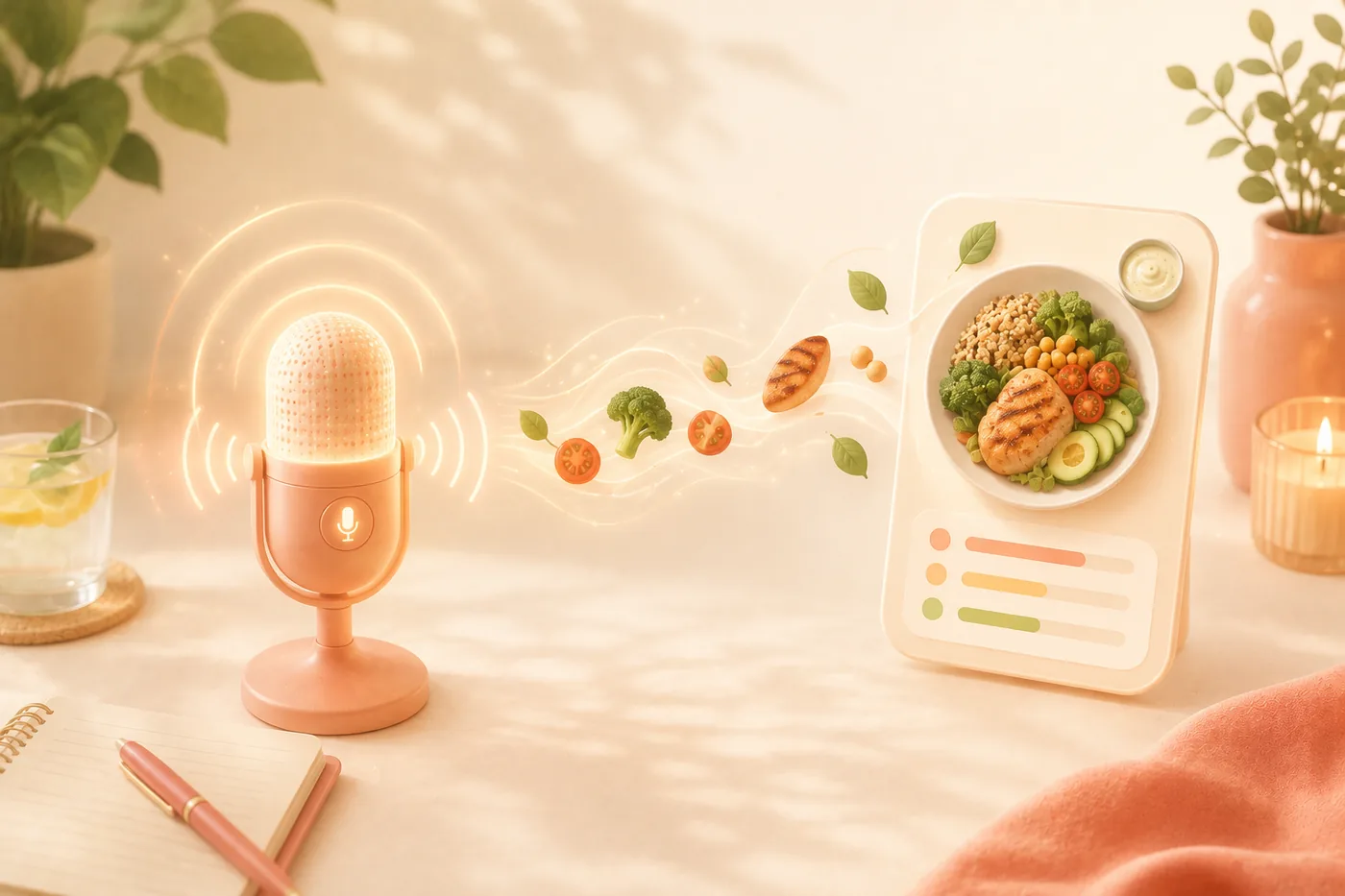 A microphone with sound waves carrying food across to a phone showing a logged meal