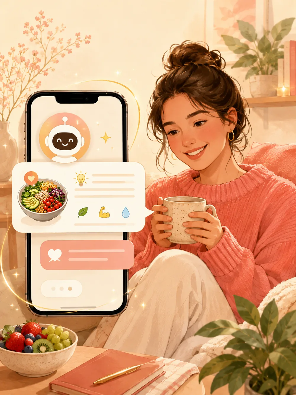 Illustration: a woman relaxes with a mug while chatting with Coach Kal, a friendly robot, on her phone