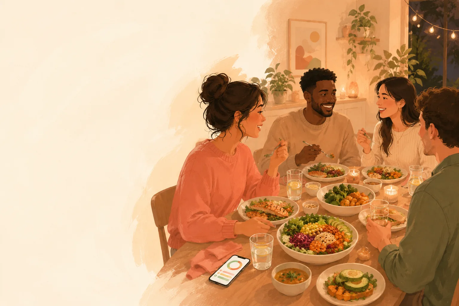 Ilustración: amigos compartiendo una cena cálida alrededor de una mesa, con un móvil con Fotocal junto a los platos