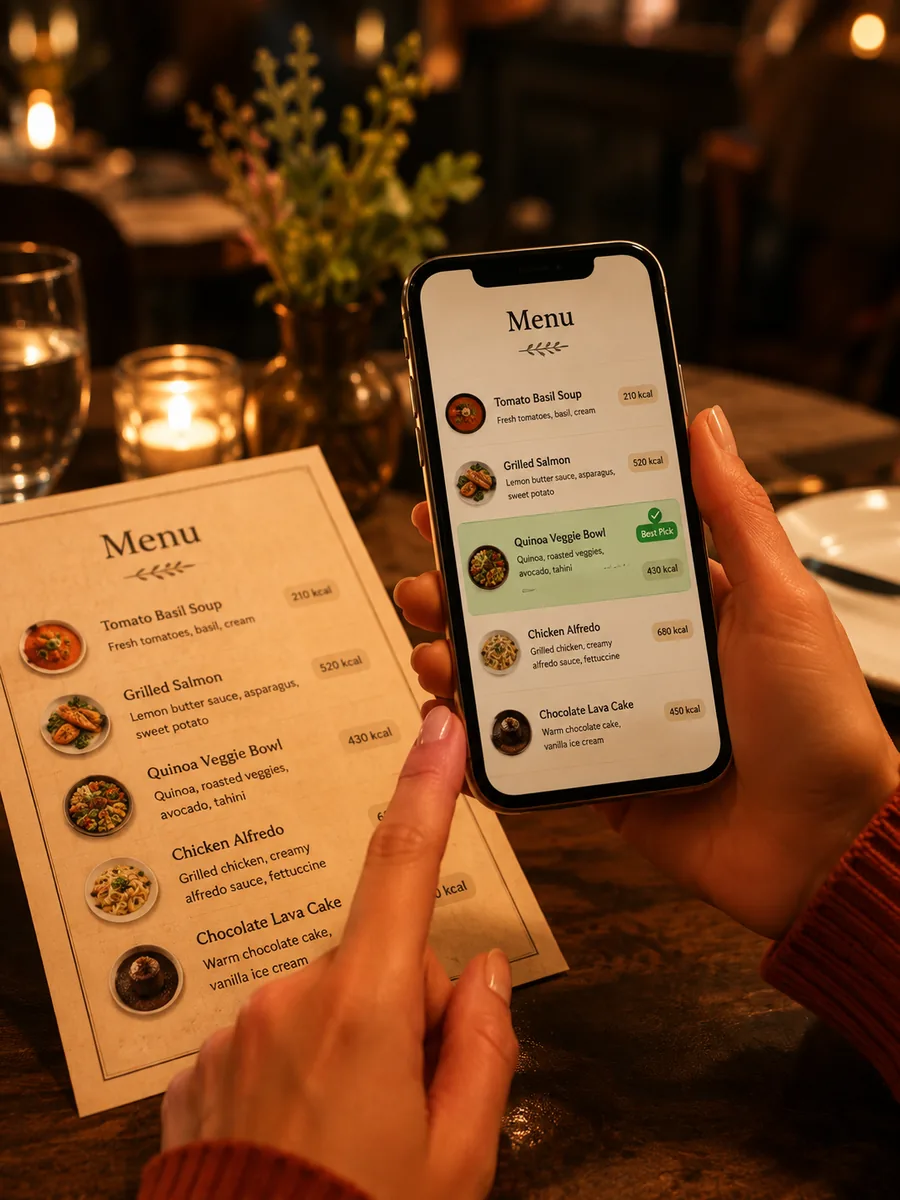 Illustration: at a restaurant, a phone scans the menu and highlights the best dish with a green badge