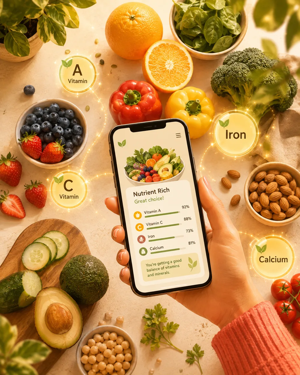 Illustration: a phone shows a nutrient-rich meal analysis surrounded by vitamin, iron and calcium badges