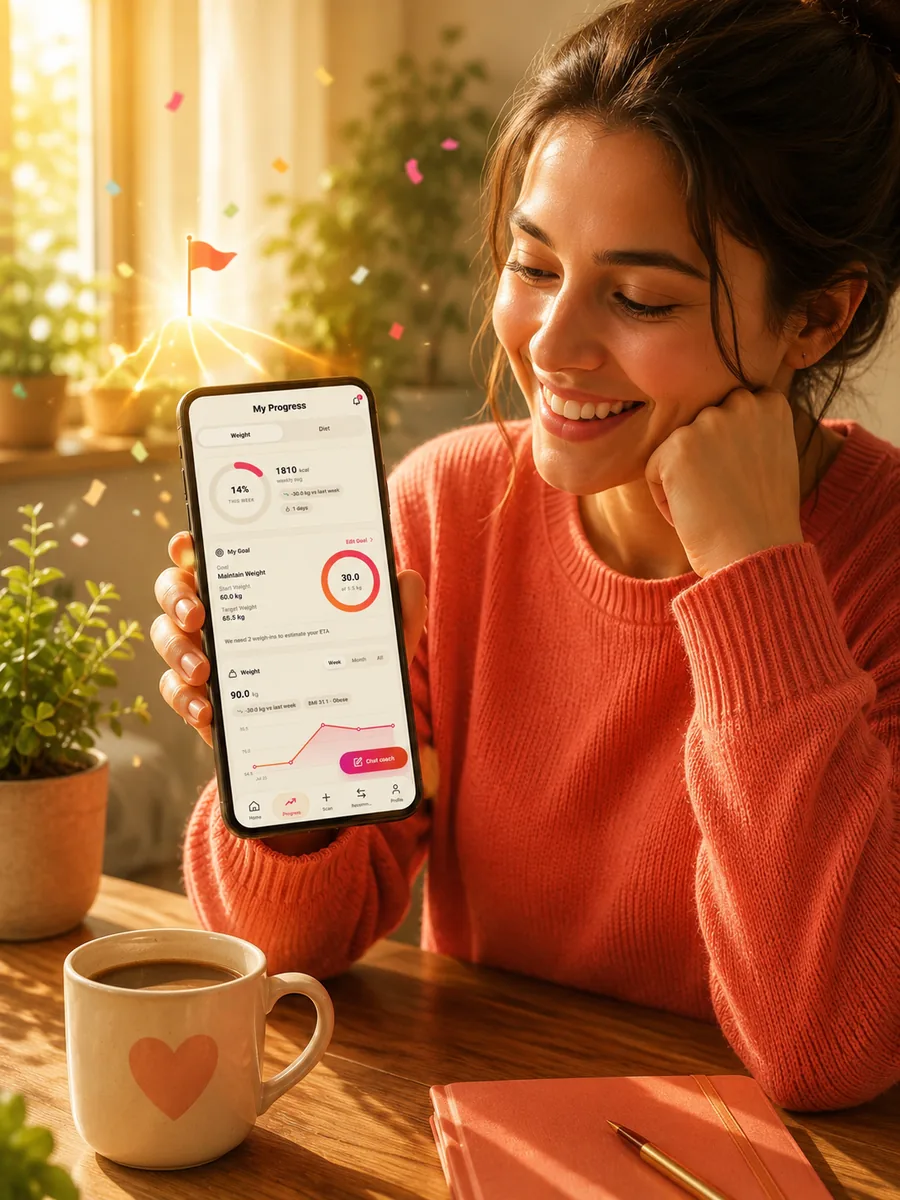 Illustration: a smiling woman shows her phone with a progress screen, weight chart and goal ring