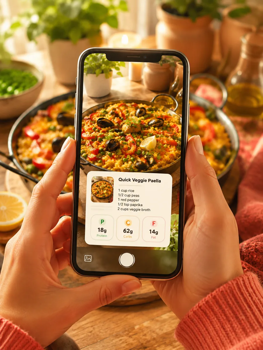 Illustration: a phone photographs a paella and shows a recipe card with ingredients and macros