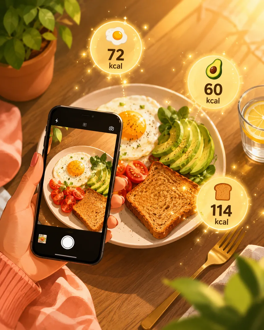 Illustration: a phone photographs a breakfast plate while calorie bubbles appear over each food