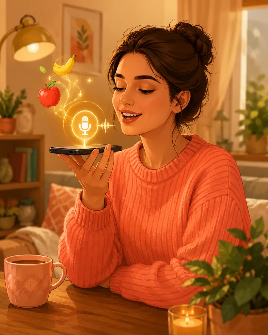 Illustration: a woman speaks to her phone and a glowing microphone with food icons rises from it