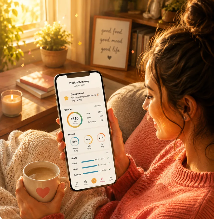 Illustration: a woman on a couch with coffee reviews her weekly summary — calories, macros and goals