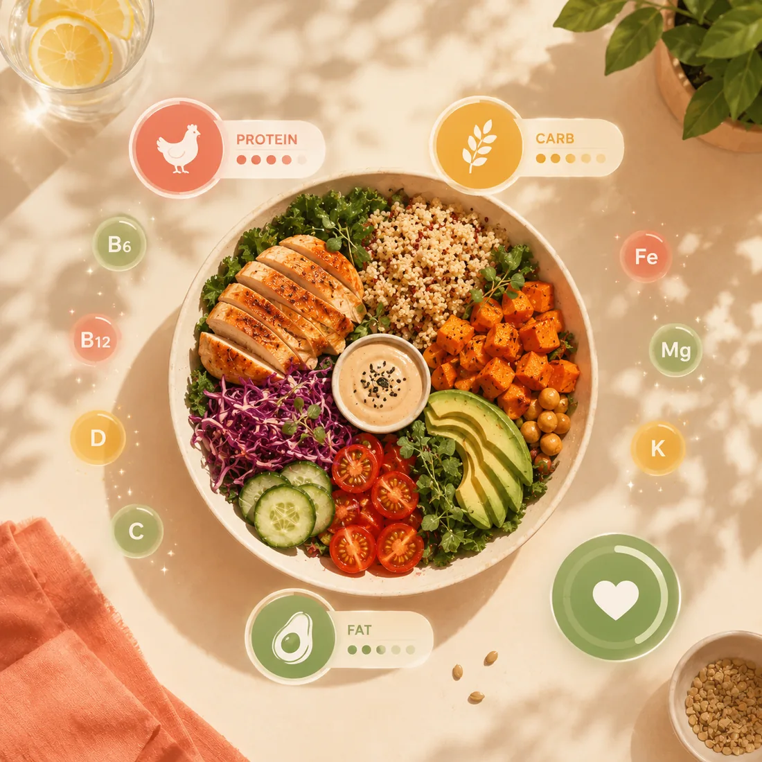 Ilustración: un bol colorido rodeado de fichas de proteína, carbohidratos y grasa y medallas de vitaminas
