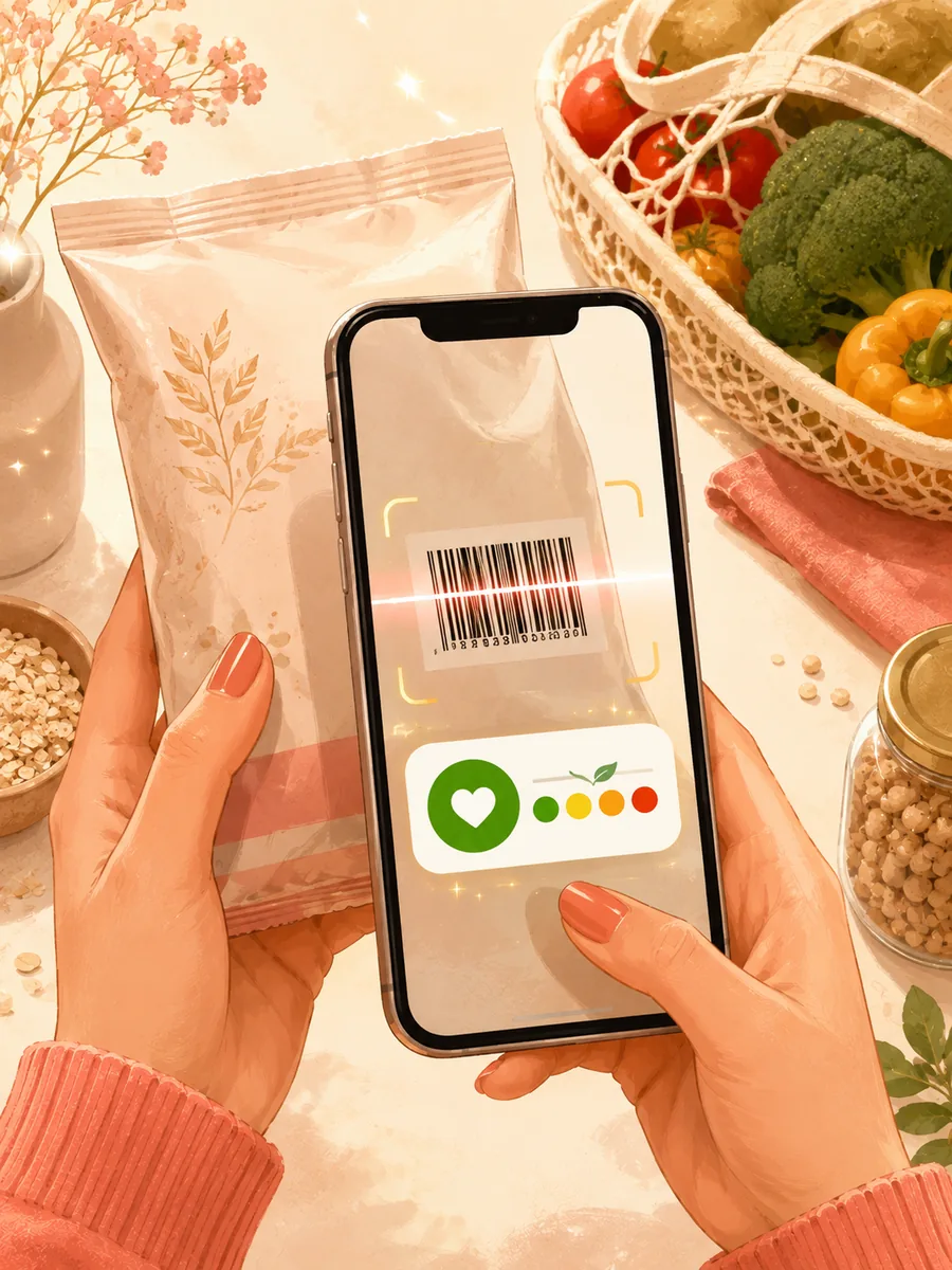 Illustration: hands scanning a product barcode with a phone, a health score dial on screen