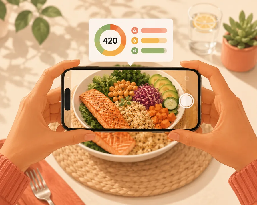 Ilustración: unas manos fotografían un bol de salmón y el móvil muestra 420 kcal y barras de macros