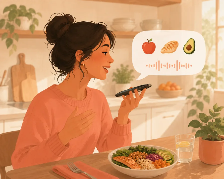 Ilustración: una mujer habla a su móvil y aparecen iconos de comida en un bocadillo de diálogo