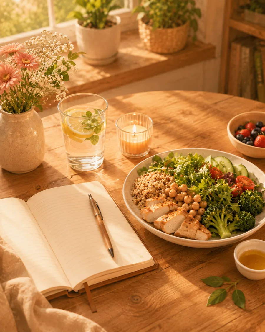 An open notebook and pen beside a balanced plate and a glass of water