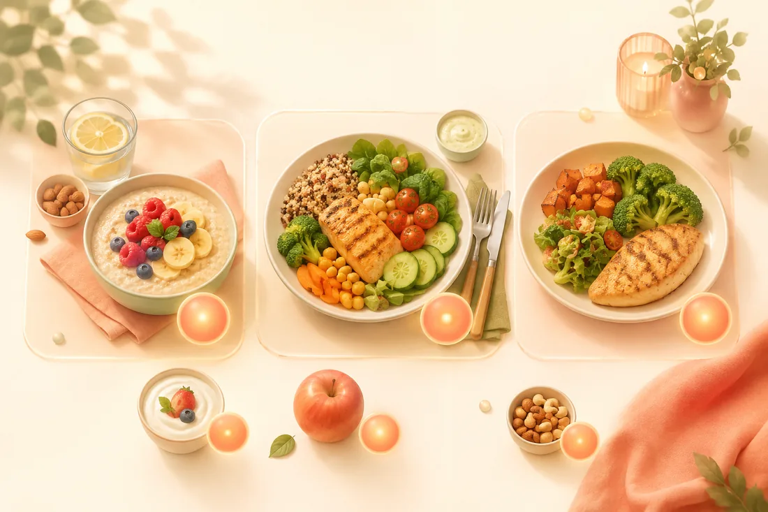Breakfast, lunch and dinner laid out side by side across one day