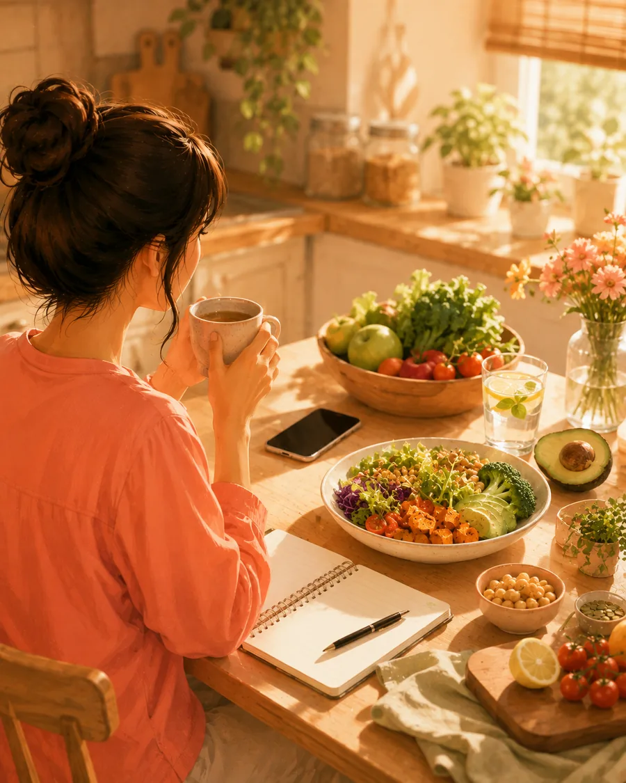 A woman with a mug at a sunlit kitchen table with fresh food, a notebook and her phone
