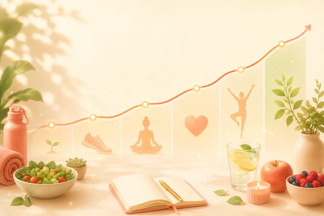 A rising progress line above a journal, a water glass and fresh fruit