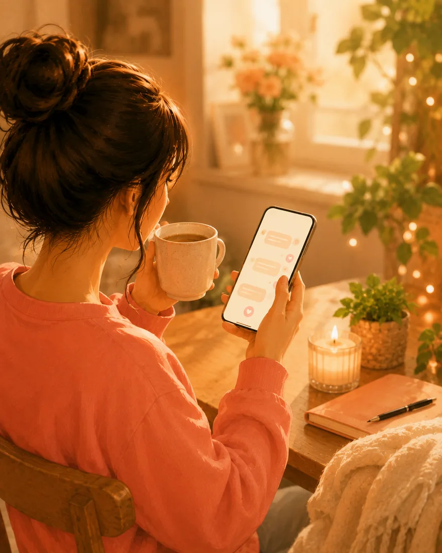 A woman with a mug reading replies on her phone in a cosy room