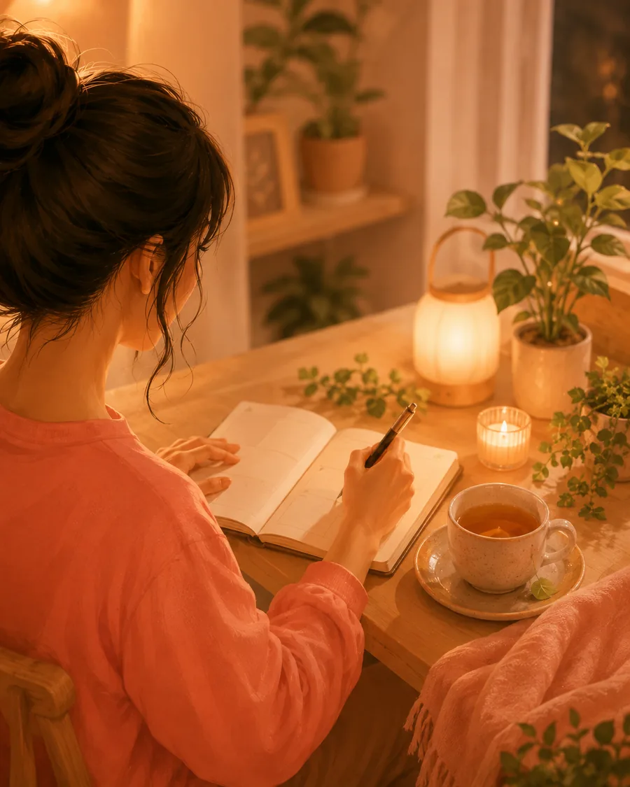A woman journalling with a cup of tea by warm evening light