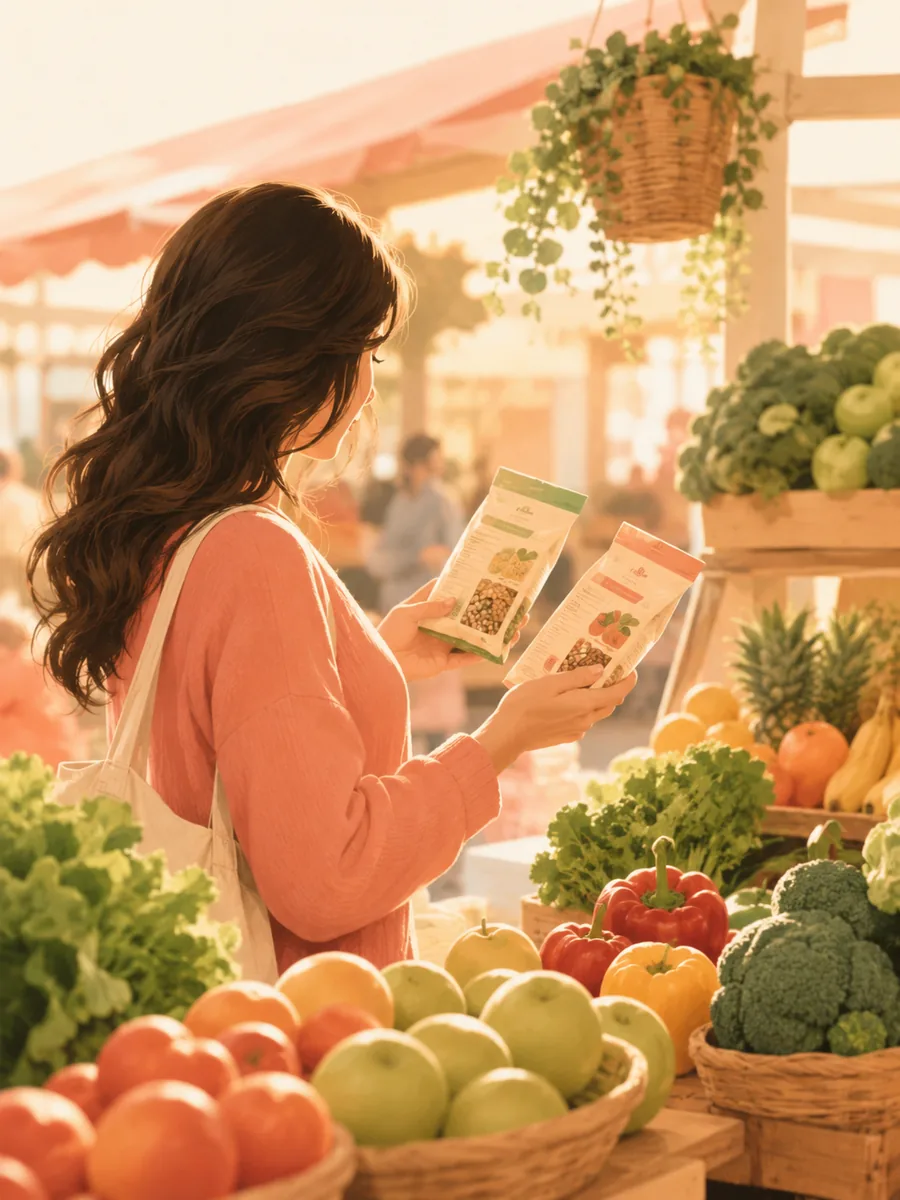 Someone at a market stall comparing the labels on two packaged foods, surrounded by fresh produce