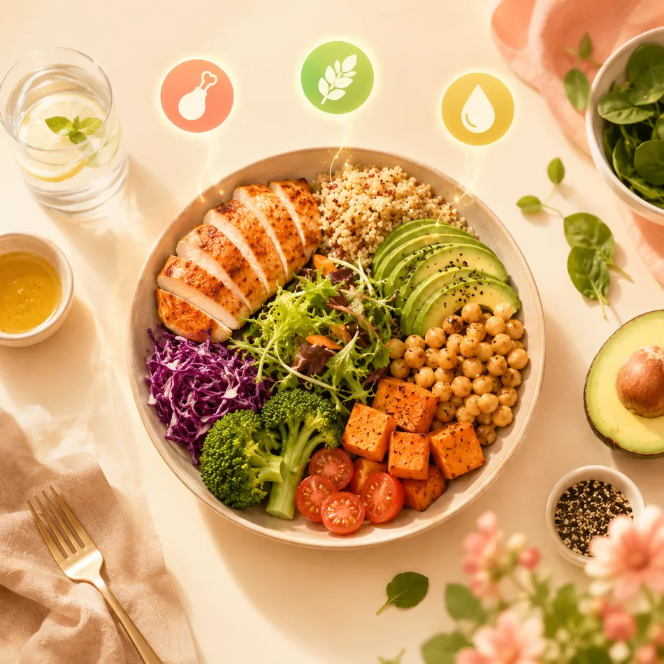 A colourful balanced bowl seen from above with protein, carb and fat badges floating over it