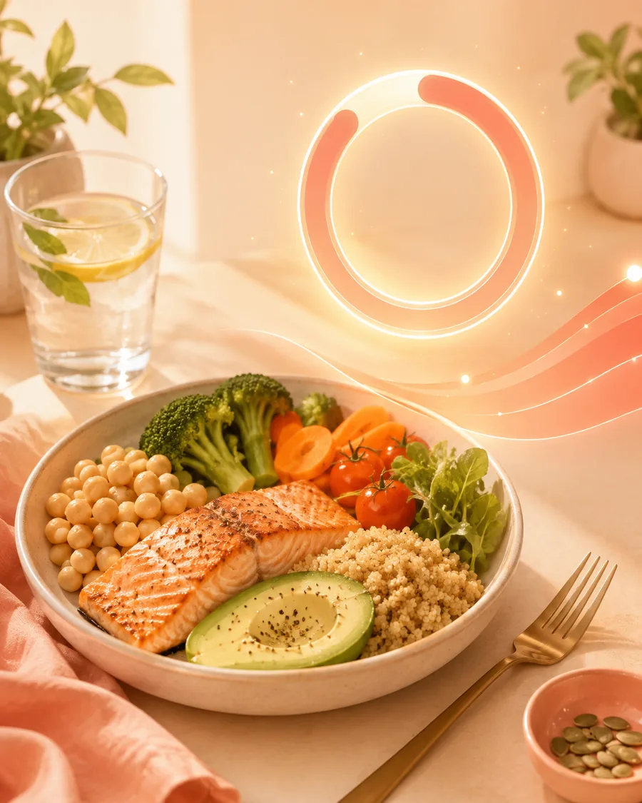 A balanced salmon and quinoa bowl beside a glowing calorie ring