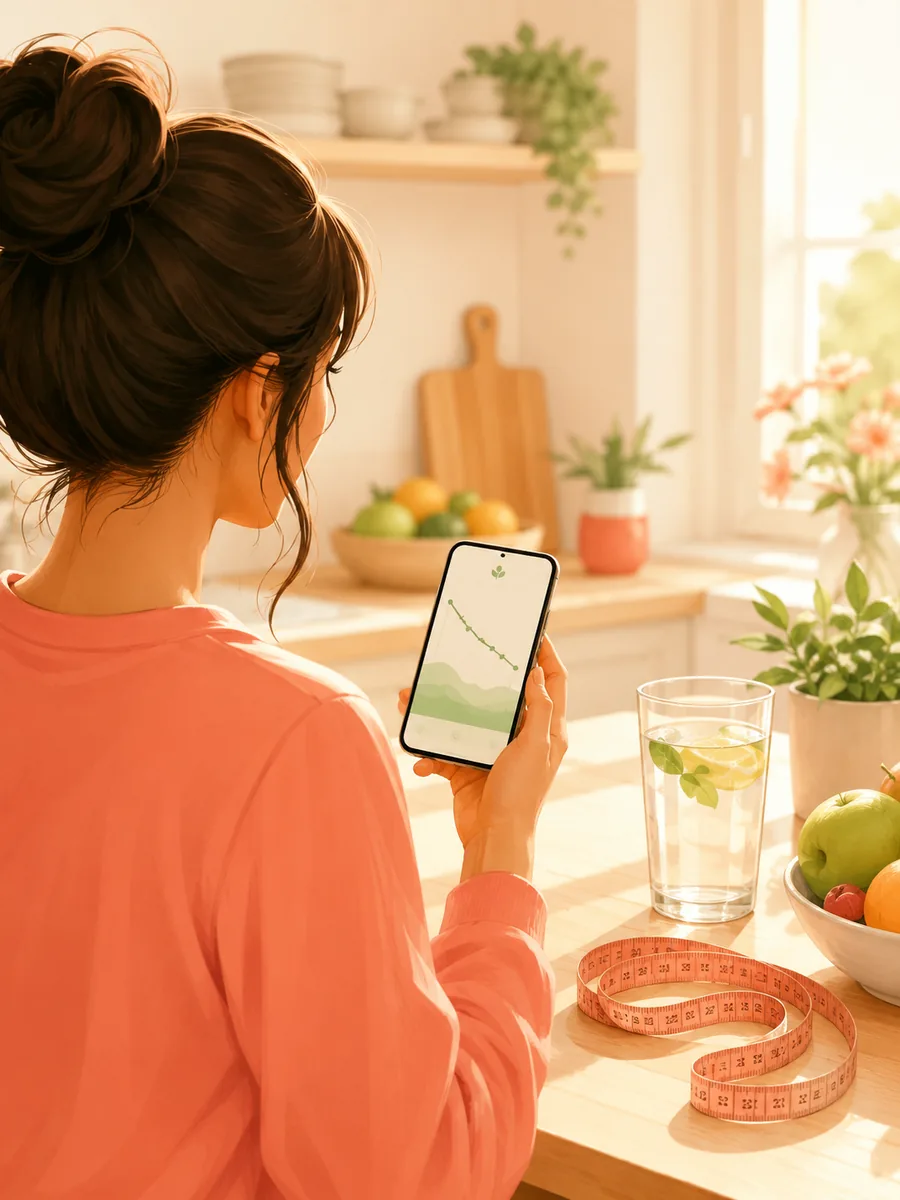 A woman checking her downward weight trend on her phone in a sunny kitchen