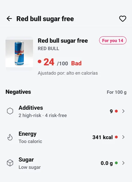 Real app screen: the scanned Red Bull Sugarfree, its score of 24 out of 100, and the negatives behind it — additives, energy, sugar and salt