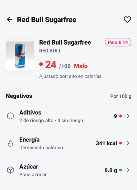 Pantalla real de la app: el Red Bull Sugarfree escaneado, su puntuación de 24 sobre 100 y los negativos que la explican: aditivos, energía, azúcar y sal