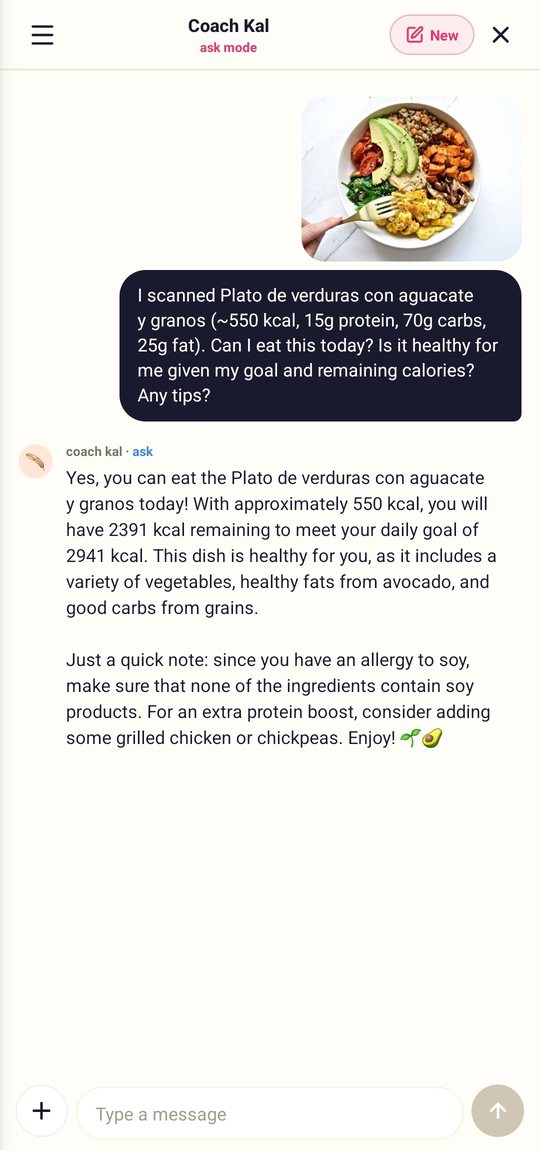 Coach Kal chat in Fotocal giving personalised, supportive nutrition guidance