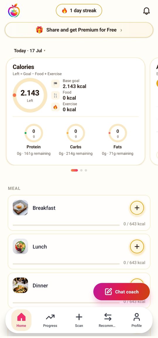 Fotocal home screen showing the day's protein, carbohydrate and fat macro rings