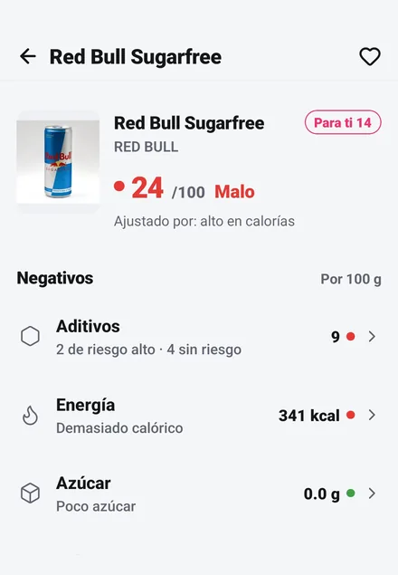 Resultado del código de barras: Red Bull Sugarfree, puntuación de salud 24 de 100, aditivos y energía marcados, azúcar y sal bajos