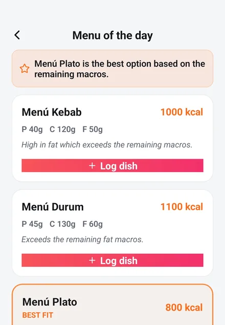 Menu scan: four set menus with calories and macros, the best fit for the remaining day highlighted