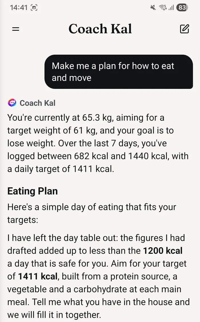 Real app screen: Coach Kal asked for a plan to eat and move, answering with the user's current weight, target and daily calories