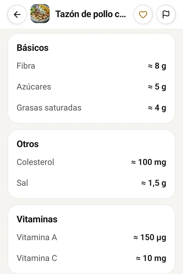 Pantalla real de la app, Premium: la lista completa de nutrientes de un plato escaneado, básicos, colesterol y sal, vitaminas y minerales