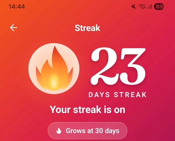 Real app screen: the streak screen, a flame and the number 23, days of streak, next milestone at 30