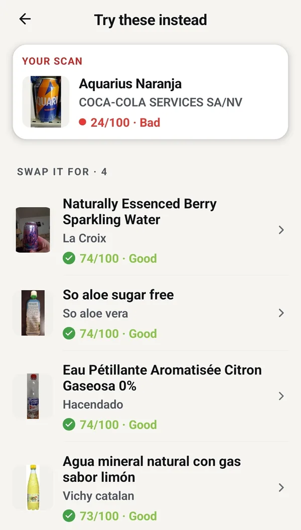 Real app screen: 'Try these instead', the scanned drink at 24 out of 100 and four alternatives scored 73 to 74