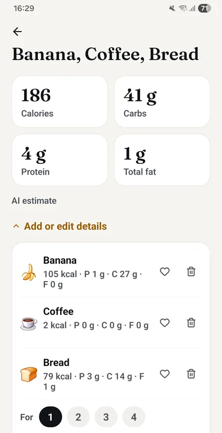 Voice logging: banana, coffee and bread recognised from speech, each with calories and macros