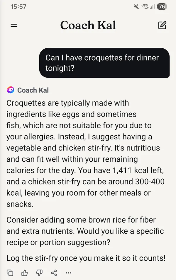 Real app screen: asked whether croquettes are fine for dinner, Coach Kal says no because they usually contain egg, one of the user's allergens, and suggests a vegetable and chicken stir-fry instead