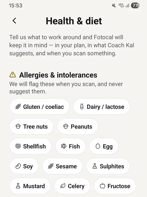Real app screen: Health & diet, the thirteen allergies and intolerances the app flags when you scan and never suggests