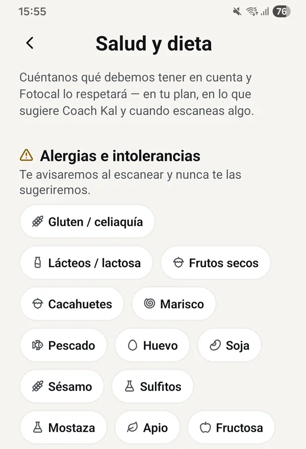 Pantalla real de la app: Salud y dieta, las trece alergias e intolerancias que la app avisa al escanear y nunca sugiere