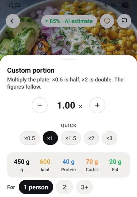 Real app screen: the custom portion sheet over the plate photo, multiplier from ×0.5 to ×3, 450 g, 600 kcal and the macros following it, and the number of people