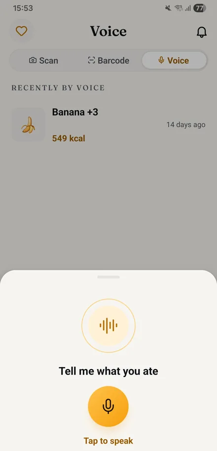 Real app screen: the Voice tab with the listening sheet open, 'Tell me what you ate', the microphone button and 'Tap to speak'