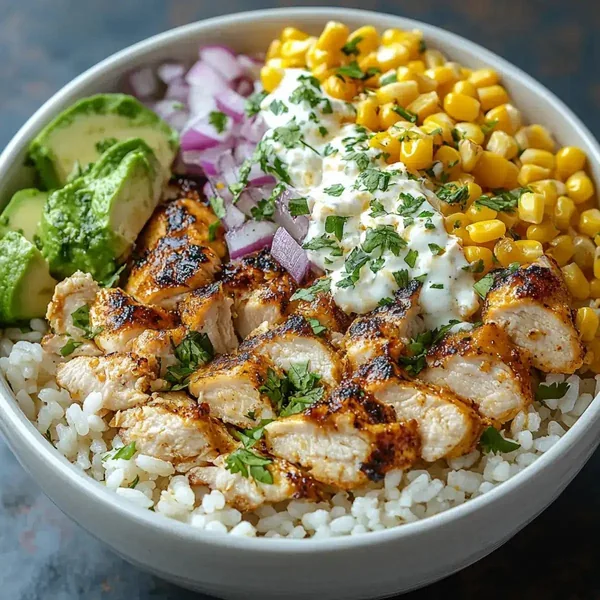 El bol del que salieron todas las pantallas de esta página: pollo al horno sobre arroz con aguacate, maíz, cebolla morada y yogur