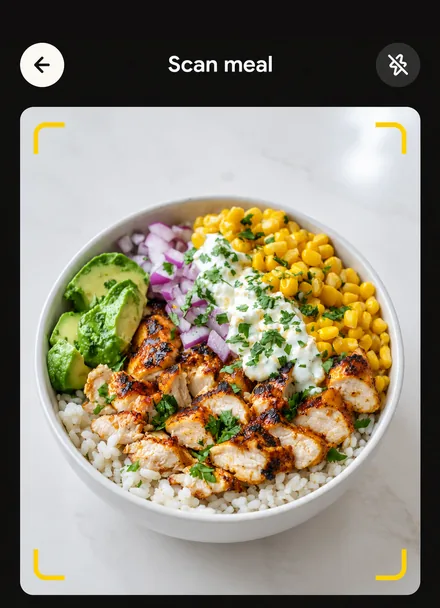 Real app screen: the scan camera framing a bowl of chicken, rice, avocado and corn