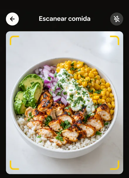 Pantalla real de la app: la cámara de escaneo encuadra un bol de pollo, arroz, aguacate y maíz